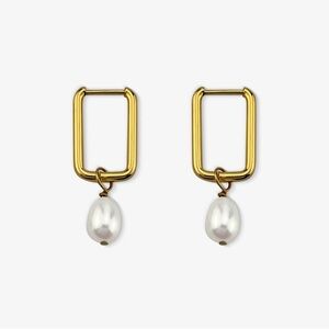 Hazel Earrings/ Rectangle hoop style earrings with rice shape fresh water p…